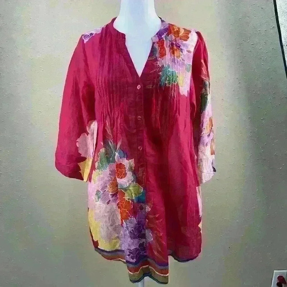 Sundance Tunic Top Floral Hot Pink  Blouse 3/4 Sleeve Spring/Sumer Sz S   TC#1 - Picture 1 of 8